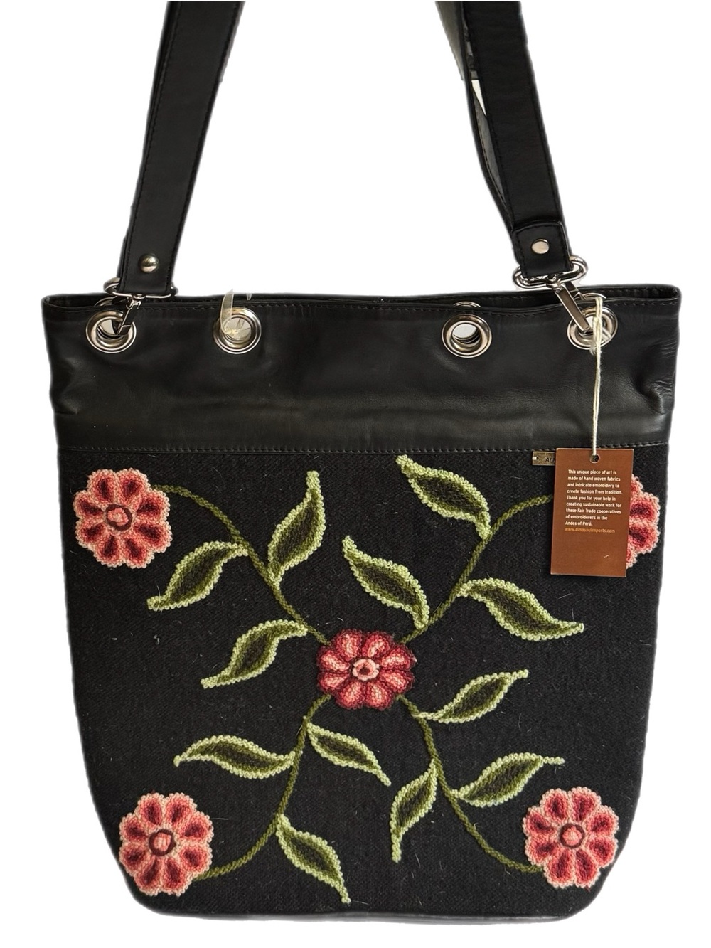 Alma Soul Claudia Peru Wool Leather Embroidered Floral Boho Shoulder Bag Purse